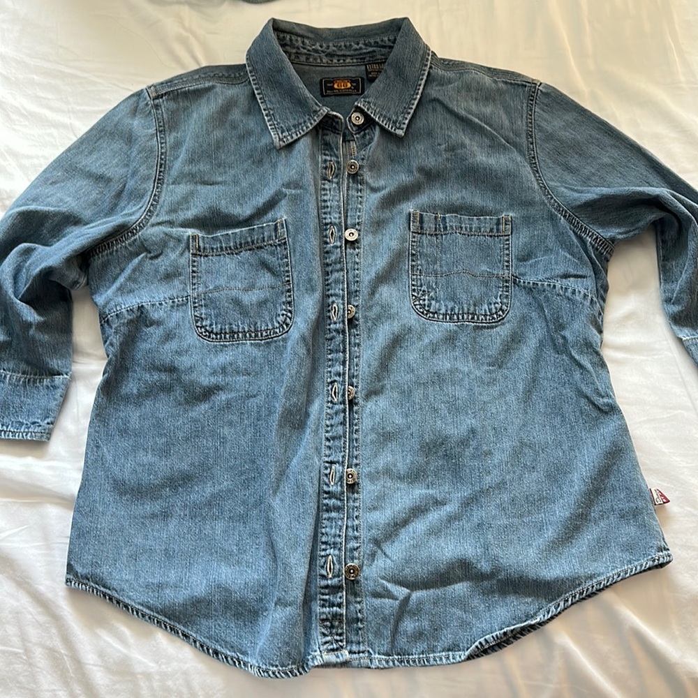 Chambray Shirt Button Down Top Western Work Vintage XL 3/4 Long Sleeve Blue